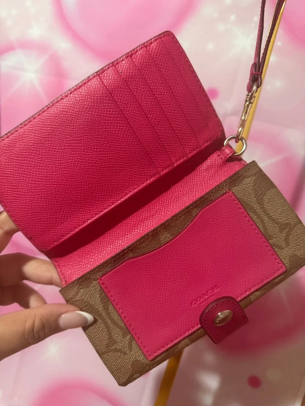 Coach Brown Signature Canvas Wristlet with Pink Snap Tab - Picture 3 of 9